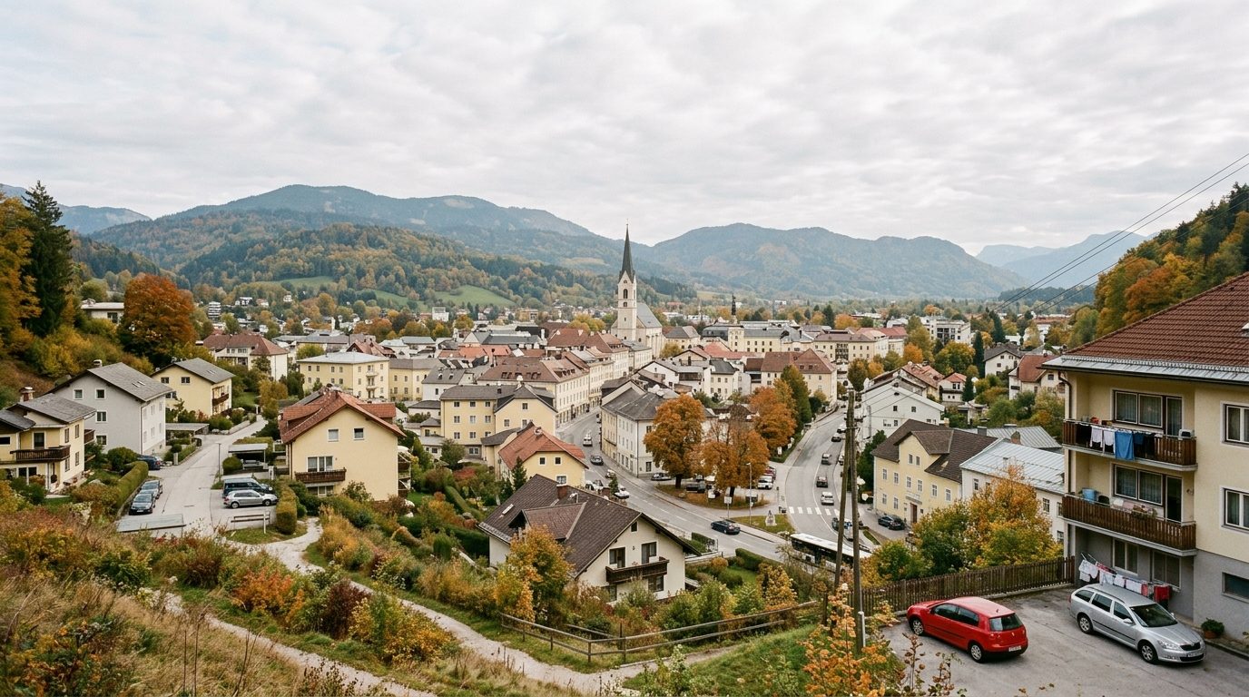 Blick über eine österreichische Kleinstadt mit Bergen im Hintergrund