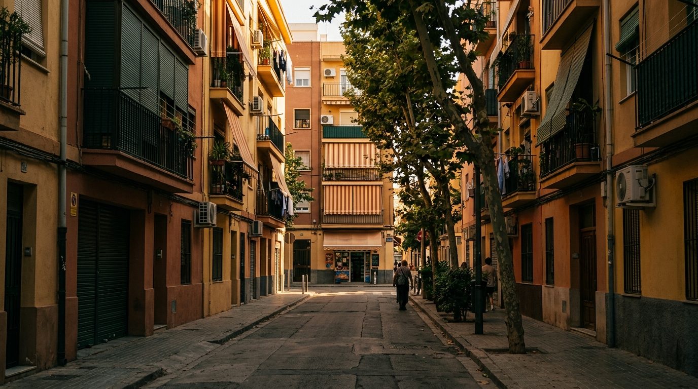 Gewöhnliche Wohnstraße in einer spanischen Stadt am späten Nachmittag